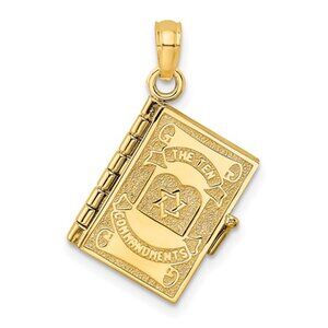14k Yellow Gold Ten Commandments Book Charm Pendant in Hebrew moveable pages